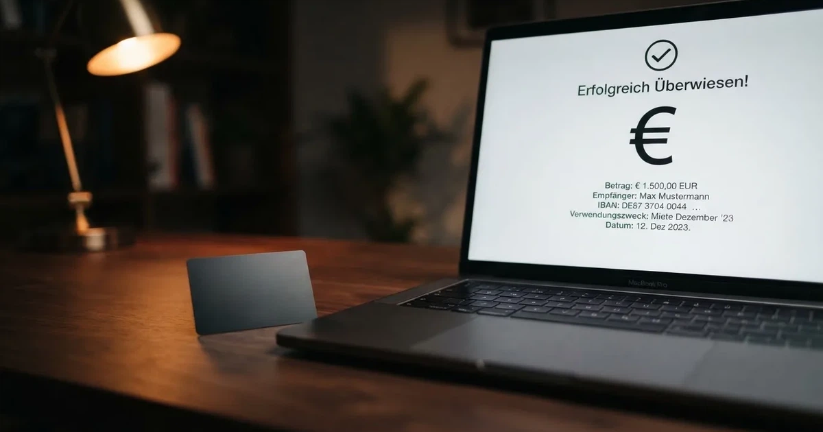 Nahaufnahme eines Laptop-Bildschirms mit einer Überweisungsbestätigung neben einer Bankkarte.