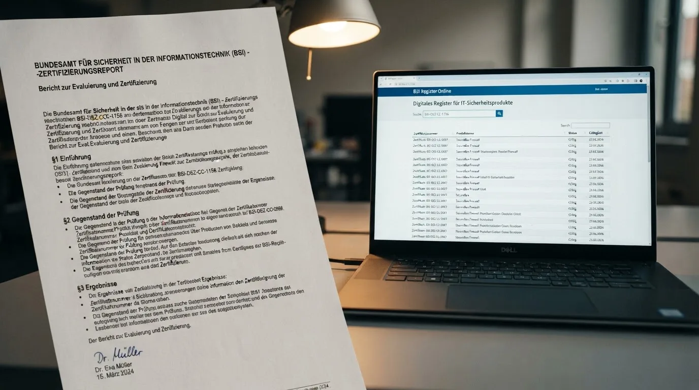 Nahaufnahme eines Gesetzestextes neben einem Computerbildschirm mit einer Behördenwebsite.