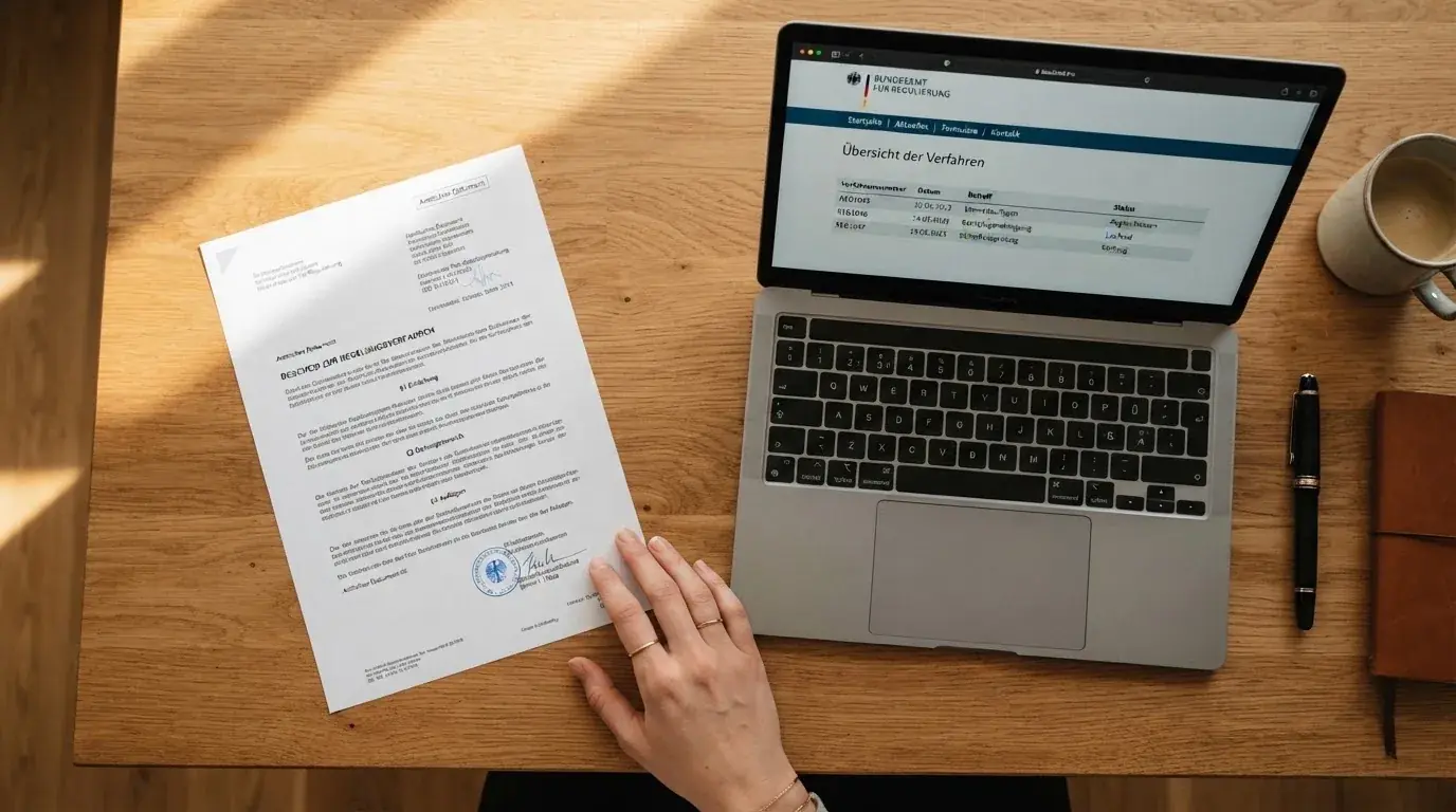 Nahaufnahme eines Gesetzestextes neben einem Laptop-Bildschirm mit einer Behördenseite.