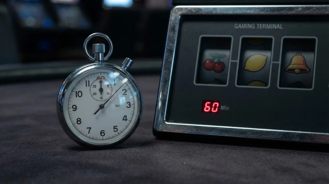 Symbolbild einer Stoppuhr neben einem Spielautomaten-Bildschirm, das ein Zeitintervall andeutet.