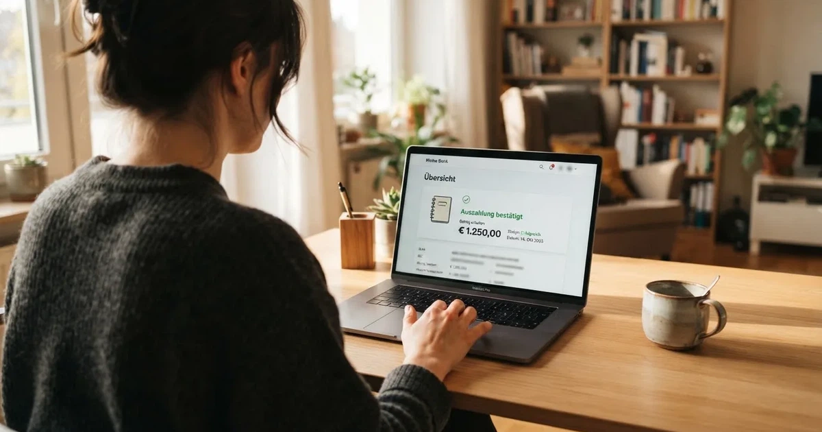 Person prüft am Laptop eine Kontoübersicht mit Auszahlungsstatus und Kalenderdatum.
